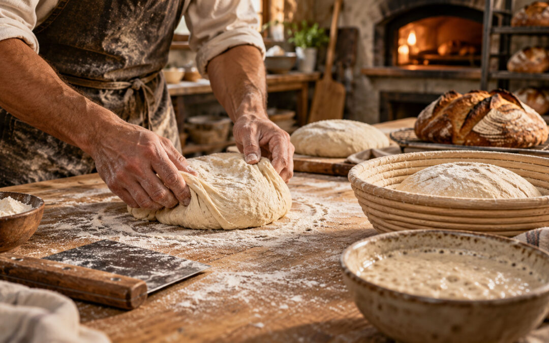 Panadero trabajando una masa de pan fermentada sobre una mesa enharinada en un obrador artesanal